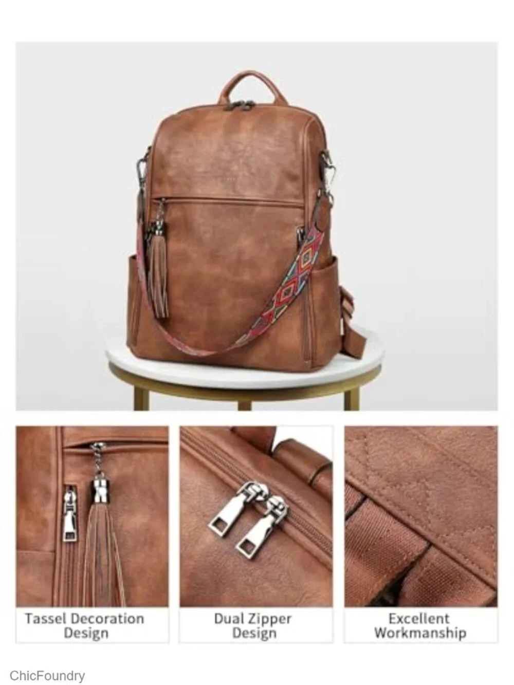Faux Leather Women's Fashion Backpack, 12 Pockets, 14in Laptop Travel Work